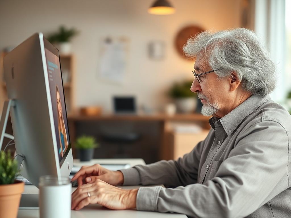 An older-generation local business owner looking at a computer screen with a friendly guide visible. The background shows a calm workspace with soft colors and warm lighting, reflecting a supportive atmosphere that encourages learning.