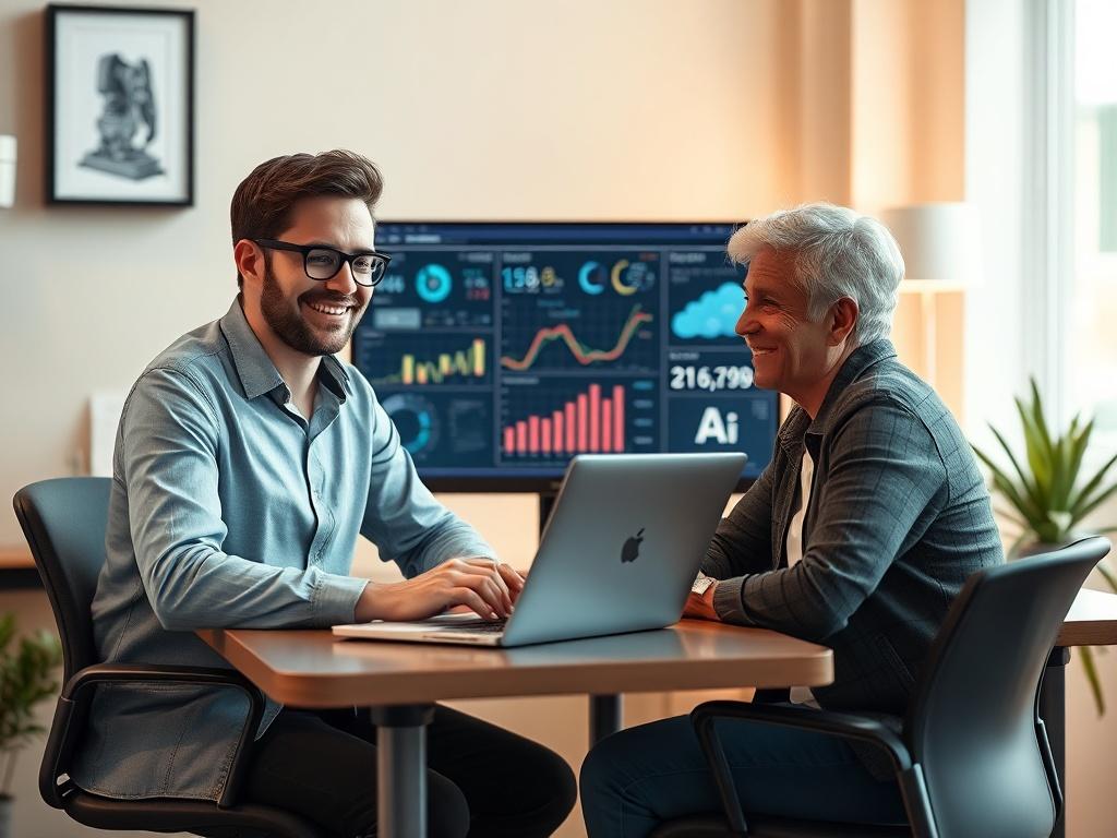 A realistic high-resolution photo of a friendly consultant sitting at a desk with a laptop, discussing tailored AI solutions with a local business owner. The scene is warm and inviting, featuring soft tones and gentle lighting. The background includes a computer screen displaying data analytics and AI graphics, with an atmosphere of collaboration and innovation.