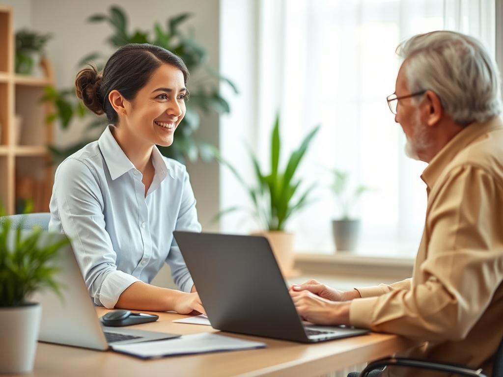 A serene office space with soft lighting, featuring a friendly consultant sitting at a desk with a laptop, engaged in conversation with an older business owner. The background shows a cozy, inviting atmosphere with green plants and warm tones, reflecting a supportive and approachable environment.