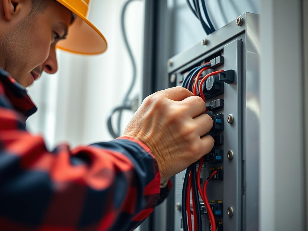 A close-up shot of an electrician expertly working on a residential electrical panel. The focus is on the electrician’s hands as they connect wires, showcasing precision and expertise. The background is a soft blur of a well-lit room, emphasizing the importance of safety and professionalism in electrical work. The primary color theme is rgb(78, 195, 224), enhancing the image's vibrancy.