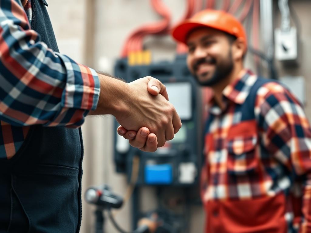 A close-up shot of a satisfied customer shaking hands with an electrician after a successful project completion. The focus is on the handshake, symbolizing trust and satisfaction. The background is a softly blurred image of an electrical setup, highlighting the work done. The primary color theme is rgb(78, 195, 224), enhancing the positive atmosphere of the interaction.