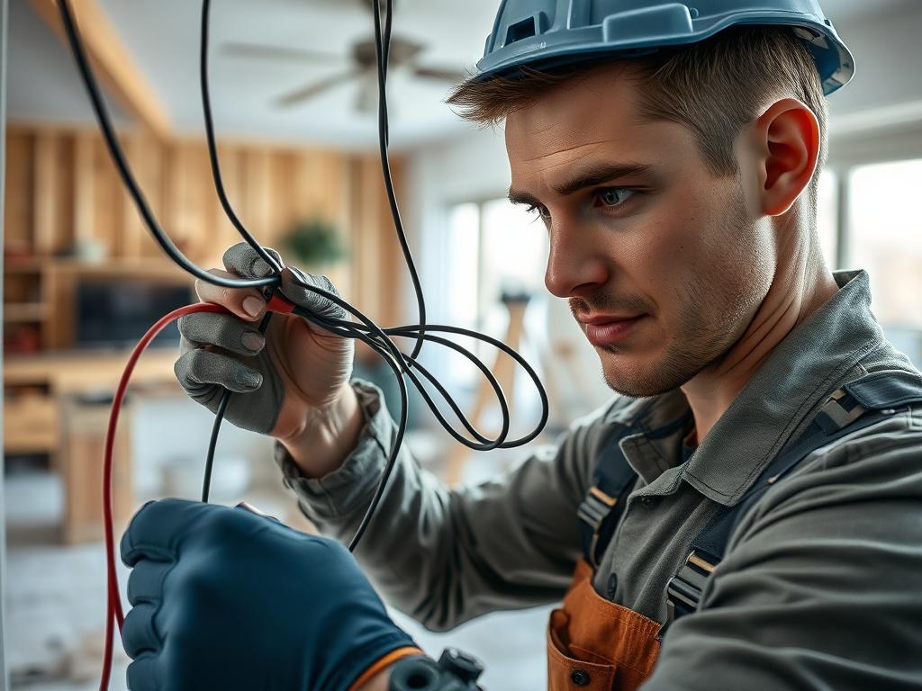 A detailed close up of an electrician connecting wires in
