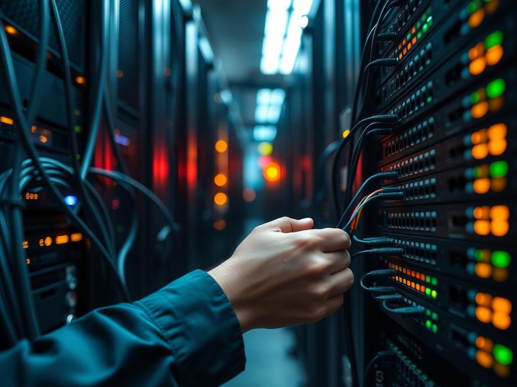 A close up image of a technician configuring network cables
