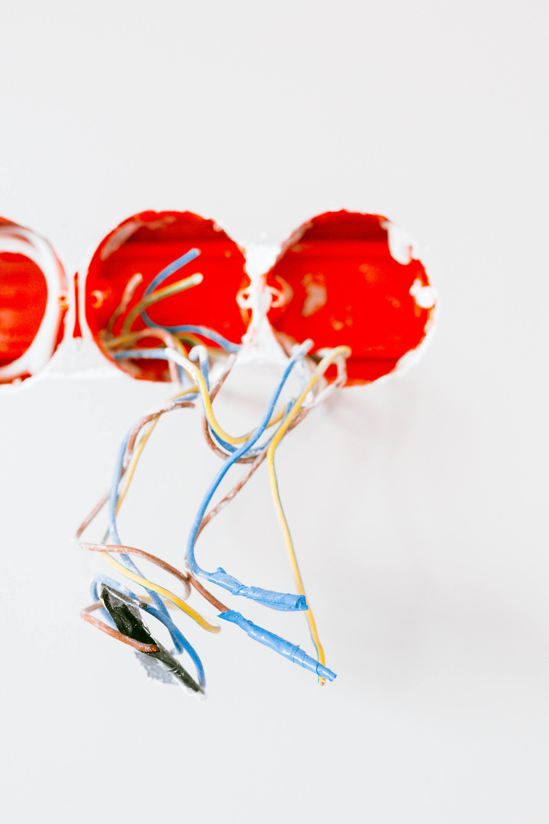 Vibrant electrical wires emerging from a socket during renovation work, showcasing home improvement.