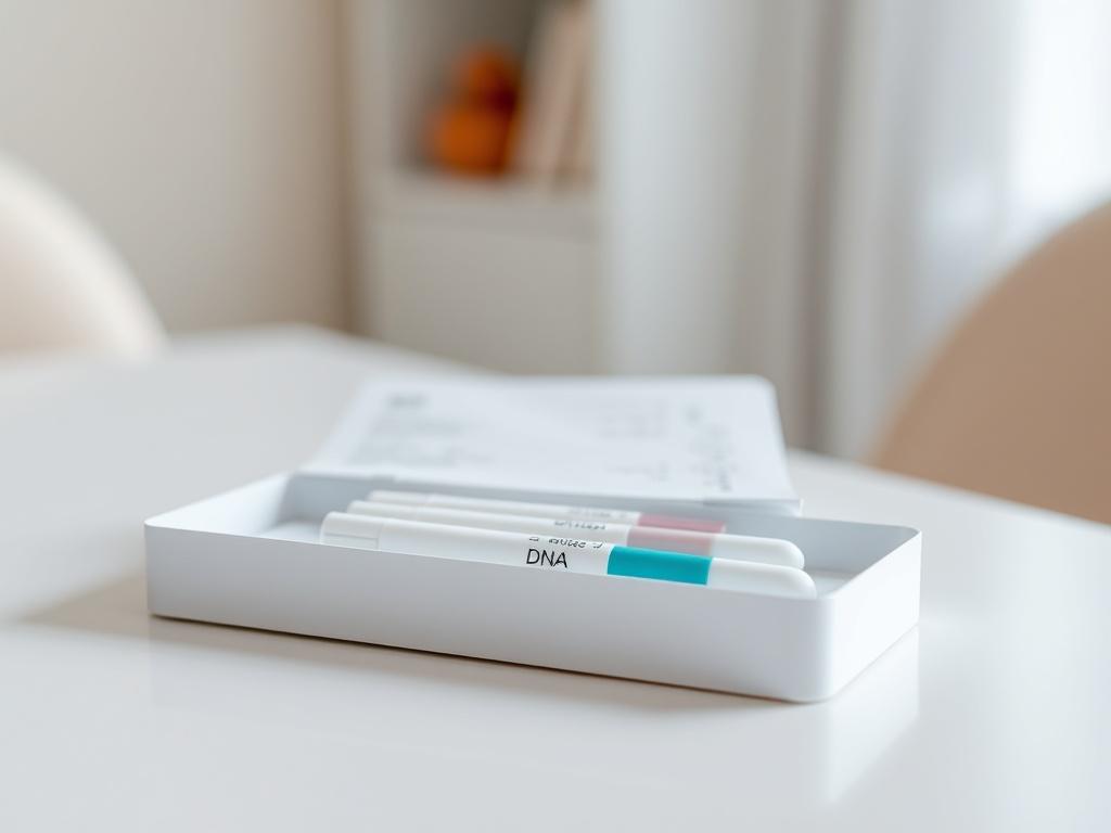 A close-up shot of a DNA test kit on a clean white table, showcasing the kit's contents, such as collection swabs and instructions. The background is softly blurred to emphasize the kit. The image should capture the essence of DNA testing, with a focus on the test kit as the single subject, ensuring a realistic, high-resolution look, ideally shot with a 45mm f/1.2 lens, compatible with the rgb(4, 104, 120) primary color.