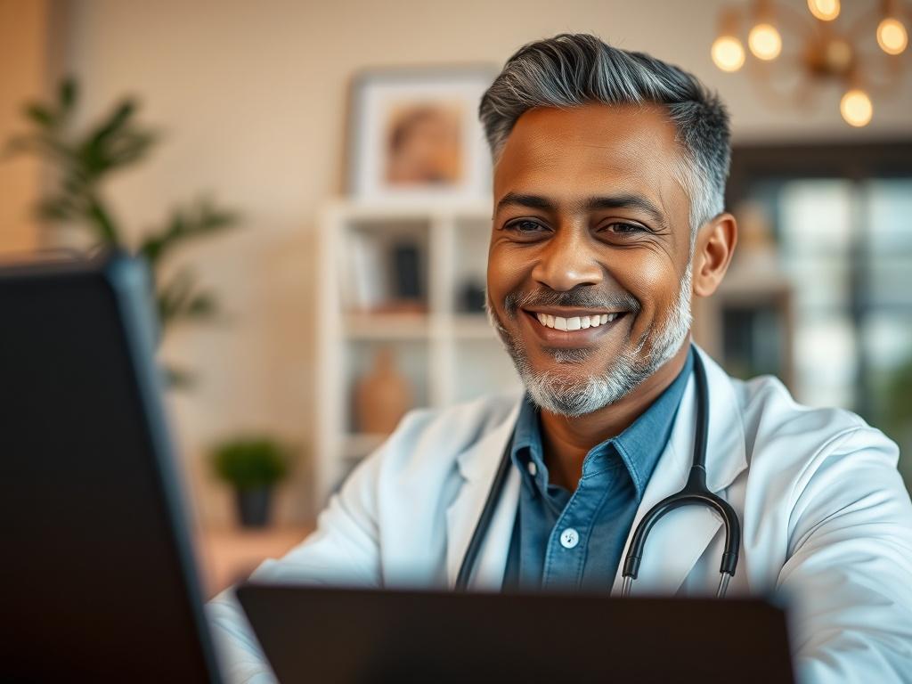 A close-up shot of a healthcare professional in a telehealth consultation, showing a diverse male patient on a video call. The healthcare professional is smiling and looking attentive, wearing a white coat and a stethoscope. The background is softly blurred to focus on the interaction, with a warm and inviting atmosphere. The primary color scheme incorporates rgb(4, 104, 120) subtly in the decor. The image conveys professionalism, care, and the accessibility of telehealth services.