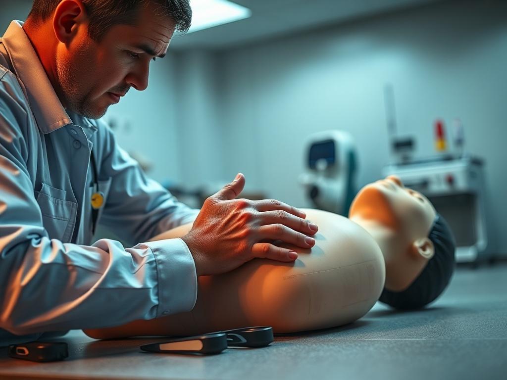 A close-up shot of a CPR training session, focusing on a certified instructor demonstrating chest compressions on a CPR dummy. The background is a well-lit training room with medical equipment subtly visible. The instructor's face shows determination and focus, emphasizing the importance of the training. The image should have a hyper-realistic style, shot with a 45mm f/1.2 lens.