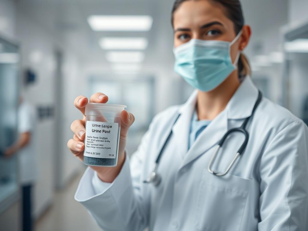 A close-up shot of a medical professional in a lab coat, holding a urine sample cup with a label, standing in a clean and modern testing facility. The background should be softly blurred, focusing on the professional's face and the sample cup. The lighting is bright and inviting, with a color palette that includes shades of teal and white, aligning with the primary color rgb(4, 104, 120). The image should convey trust, professionalism, and a commitment to health and safety.