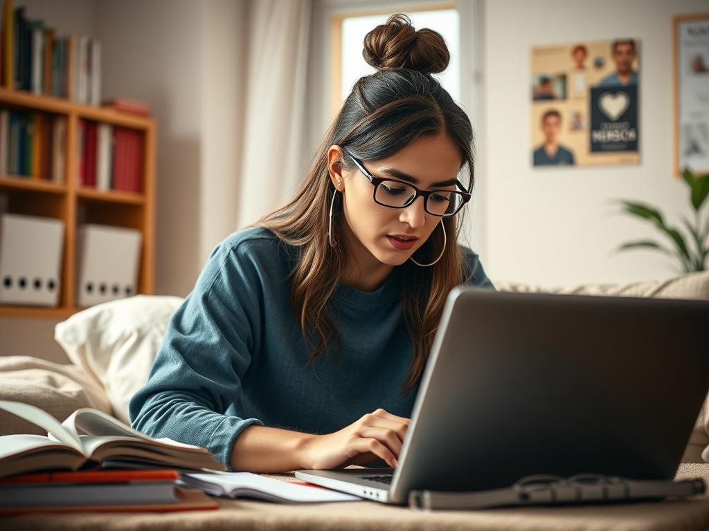 A close-up shot of a focused adult learner studying on a laptop, surrounded by nursing textbooks and study materials in a cozy home study environment. The background should be softly blurred, creating an inviting atmosphere with warm lighting. The primary color of the scene should align with rgb(4, 104, 120), emphasizing a calm and professional learning space.