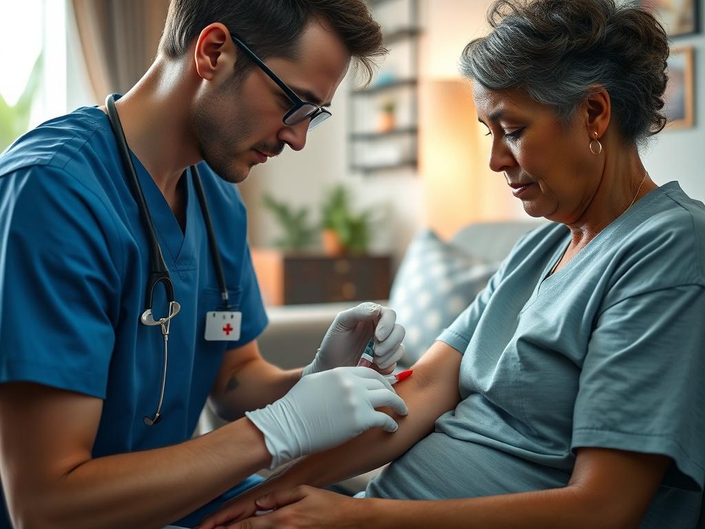 A close-up shot of a professional mobile phlebotomist in scrubs, calmly drawing blood from a patient in a comfortable home setting. The background features a cozy living room with soft lighting, showcasing a relaxed atmosphere. The phlebotomist is focused, demonstrating care and professionalism, while the patient appears at ease. The image should convey trust and comfort in mobile healthcare services.