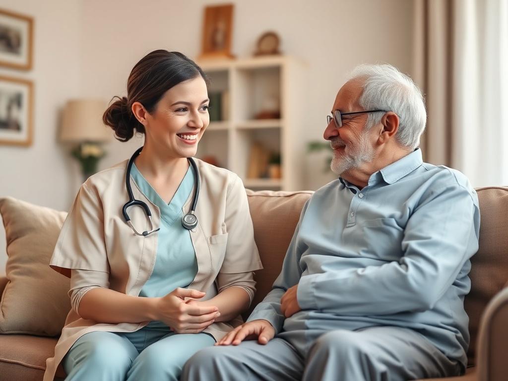 A high-resolution image of a compassionate healthcare professional visiting a patient at home. The healthcare worker, wearing a neat uniform, is sitting beside an elderly patient on a comfortable couch, discussing health matters. The background shows a well-lit living room with cozy decor, emphasizing a warm and caring atmosphere. The focus is on the interaction between the healthcare professional and the patient, highlighting the attentive and personalized care provided in a home setting.