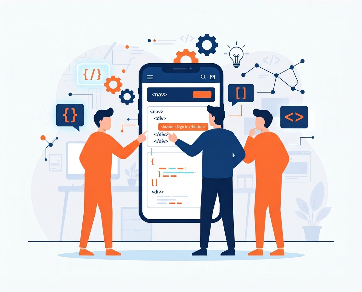 Illustration of a small development team collaborating around a smartphone screen