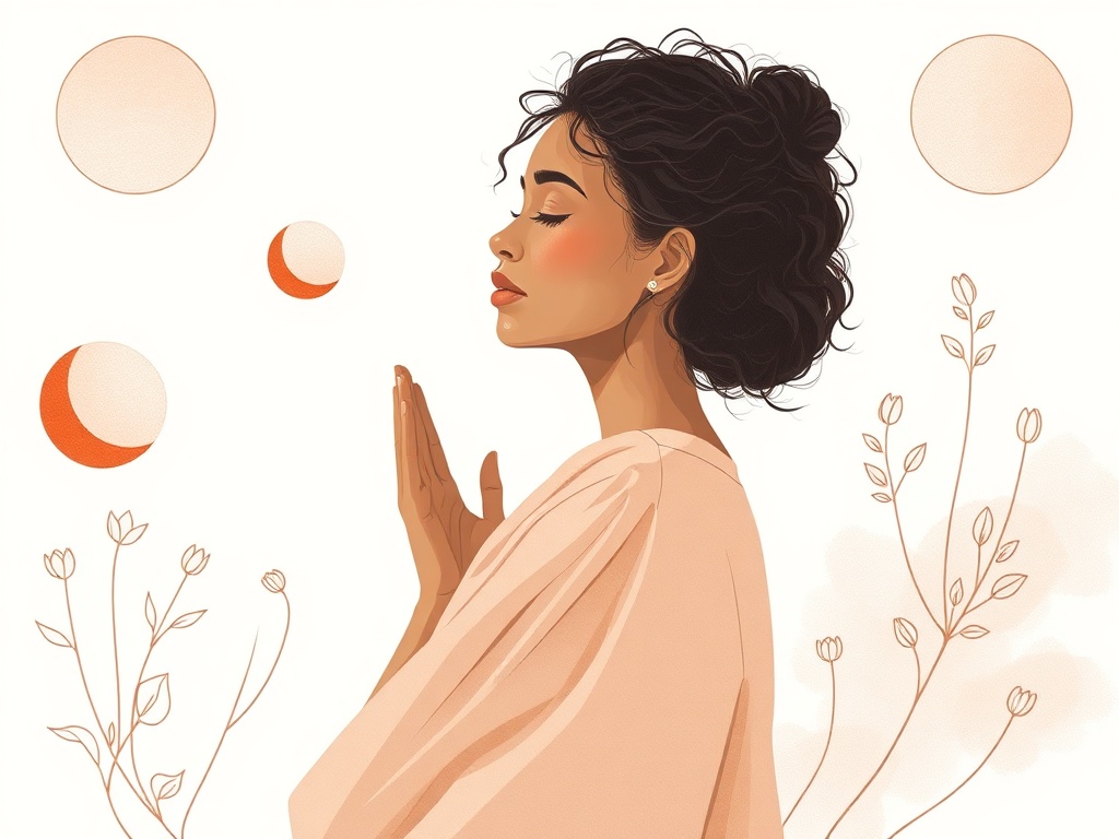 A diverse woman in reflection surrounded by botanical motifs