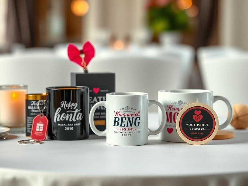 A realistic high resolution of various personalized event souvenirs arranged