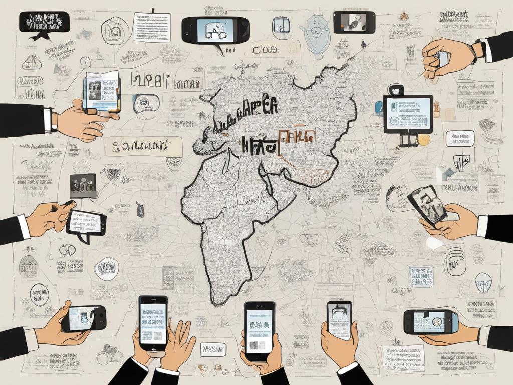 Here are some keywords that you can use to generate an image that reflects the blog titled "The Impact of Social Media on Middle Eastern Conflicts":

1. Social media icons (Twitter, Facebook, Instagram)
2. Middle Eastern map
3. Protest hands (holding phones)
4. News headlines
5. Digital communication
6. Conflict imagery (peace signs, doves)
7. Hashtags (#MiddleEast, #Conflict)
8. Diverse people using smartphones
9. Fire and smoke (representing conflict)
10. Screens showing newsfeeds
11. Global connection (g