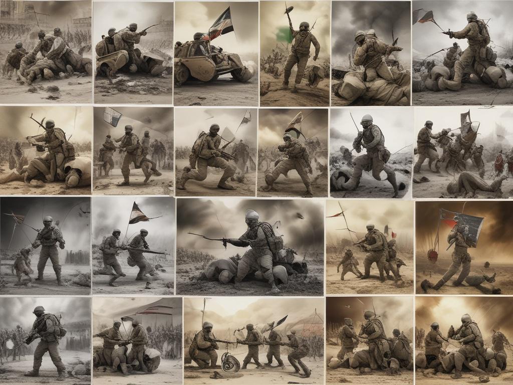1. Conflict
2. Middle East
3. War Zone
4. Tension
5. Soldiers
6. Doves and Olive Branch
7. Protestors
8. Destruction
9. Flag of Israel
10. Flag of Palestine
11. News Coverage
12. Journalistic Analysis
13. Humanitarian Crisis
14. Peace Talks
15. Geographic Map
16. Emotional Faces
17. Flares and Smoke
18. Daily Life amidst Conflict
19. Unity and Division
20. Refugees