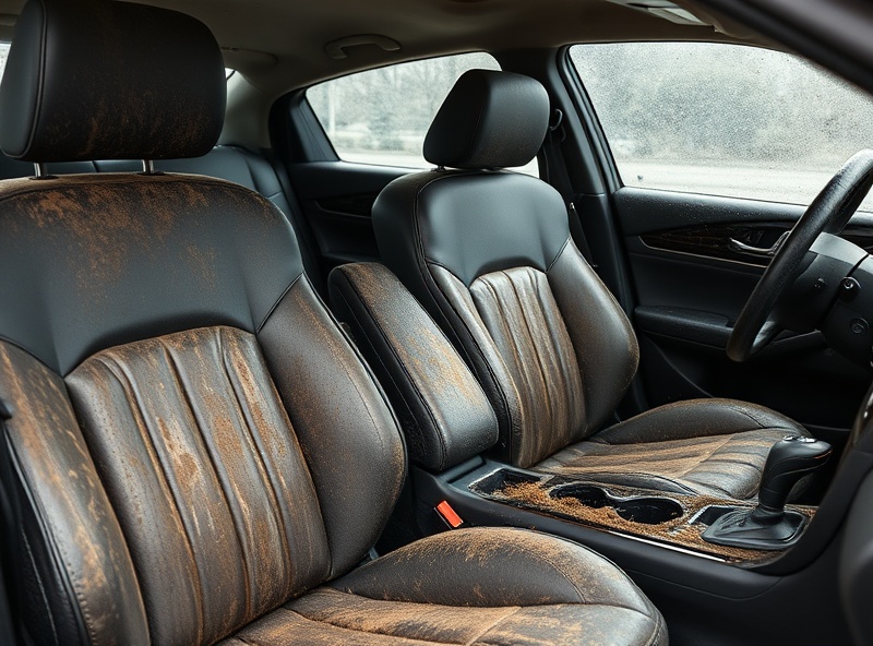 Dirty car interior with leather seats before detailing