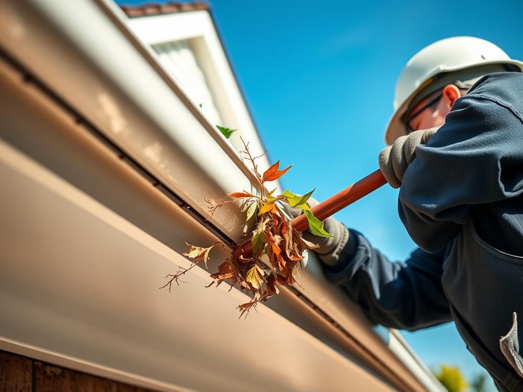A dramatic close up shot of a professional cleaning gutters,