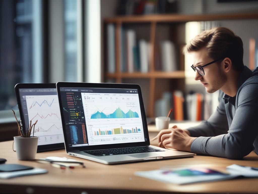 A close-up shot of a digital marketing specialist analyzing data on a laptop, with colorful graphs and charts displayed on the screen. The environment is modern and tech-savvy, highlighting tools of the trade like a smartphone and notepad. The focus is on the specialist's concentrated expression as they strategize, with soft lighting creating an engaging atmosphere. The background is subtly blurred, emphasizing the subject, and colors align with the primary color rgb(21, 95, 123).