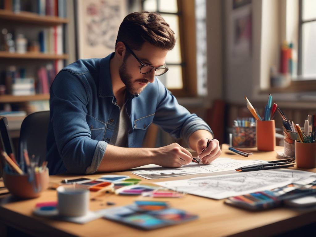 A close-up shot of a designer working on a creative project, surrounded by vibrant design elements, color swatches, and sketches. The scene captures the essence of creativity with a focus on the designer's hands as they work on a digital tablet, showcasing intricate details. The background is softly blurred to enhance the subject, with rich colors that reflect the primary color rgb(21, 95, 123). The overall composition is inviting and inspiring.