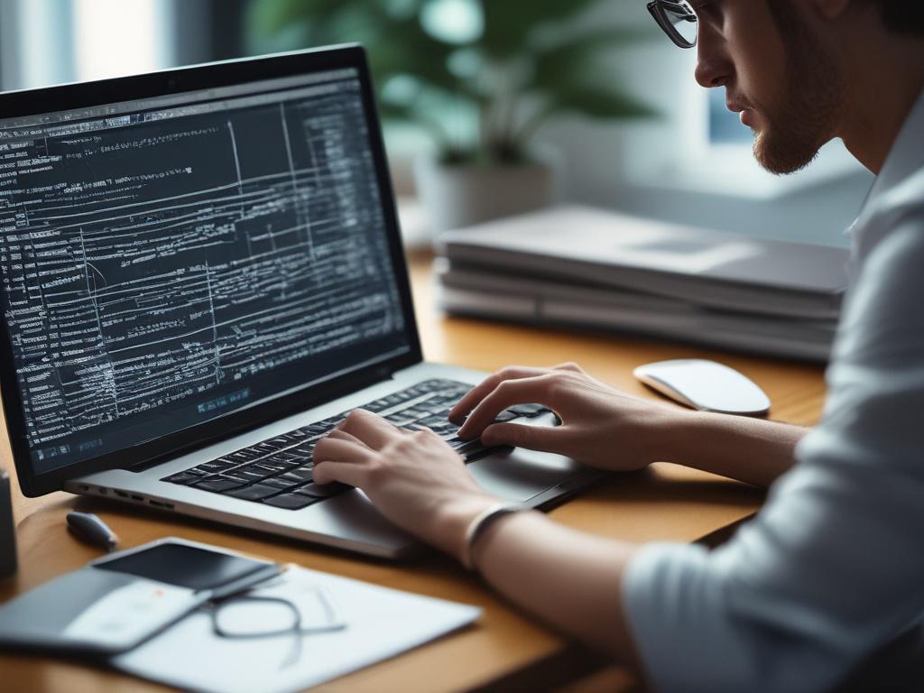A close-up shot of a web developer coding on a laptop, with lines of code visible on the screen. The workspace is organized with design mockups and tech gadgets surrounding the developer. The composition captures the focus and creativity involved in the web development process, with soft lighting that highlights the subject's concentration. The background remains softly blurred, emphasizing the developer's work, and the color scheme adheres to the primary color rgb(21, 95, 123).