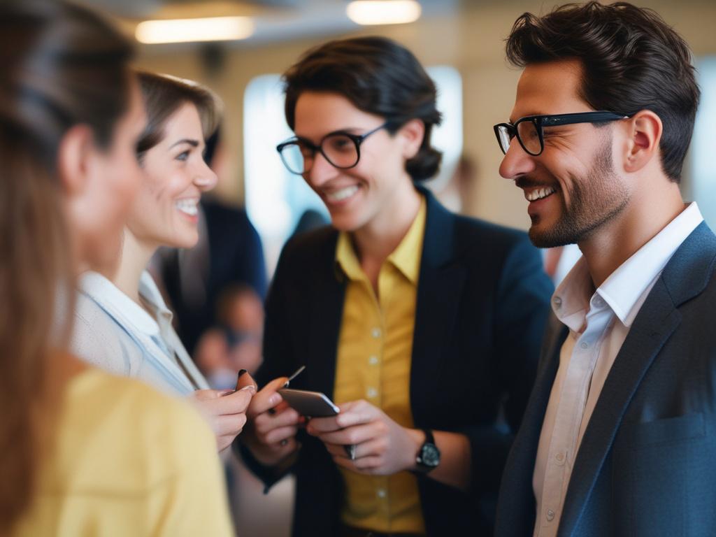 A vibrant high-resolution image capturing a lively networking event, showcasing diverse professionals engaged in conversation. The focus should be on a small group of individuals exchanging ideas, with enthusiasm evident in their expressions. The background should feature a modern venue with soft lighting, emphasizing a warm, inviting atmosphere, while incorporating the primary color of rgb(21, 95, 123) into the decor.