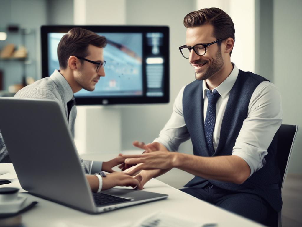 A striking high-resolution image featuring a professional consultant engaging with a client over a laptop, illustrating an interactive discussion. The focus should be on the consultant's facial expressions and gestures, conveying passion and expertise. The background should be a modern office setting, softly blurred to emphasize the subjects, with a color palette incorporating rgb(21, 95, 123) for a cohesive look.