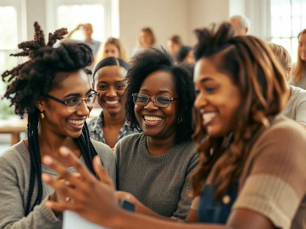 A close-up shot of a diverse group of people engaging in a community workshop, showing expressions of joy and collaboration. The background should be a bright, welcoming space filled with natural light, emphasizing a sense of connection and support. The focus should be on the interactions among the participants, capturing the spirit of community involvement. Shot with a 45mm f/1.2 lens style, the image should reflect warm tones and a welcoming atmosphere.