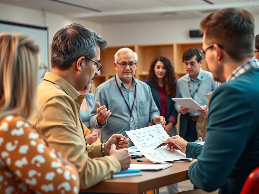 A dynamic scene of an expert leading a workshop, surrounded by participants engaged in interactive activities related to diabetes management. Educational props are visible, and the setting is bright and professional, emphasizing a learning environment. The color scheme aligns with a vibrant and inspiring atmosphere.
