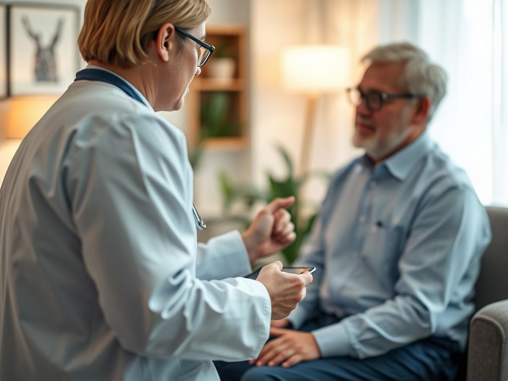 A close-up shot of a healthcare professional consulting with a patient in a warm, inviting office setting. The healthcare expert is showing a digital tablet displaying information on diabetes and limb preservation. The background is softly blurred, emphasizing the interaction, with a color palette of calming blues and greens.