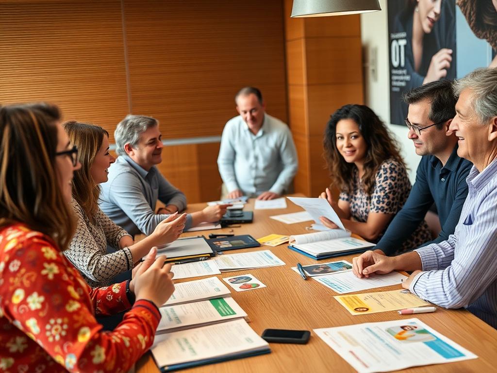 A vibrant image showcasing a diverse group of individuals engaged in a lively workshop about diabetes and limb preservation. Each participant is actively involved in discussions, with educational materials spread out on the table. The atmosphere is encouraging and supportive, highlighting a sense of community.