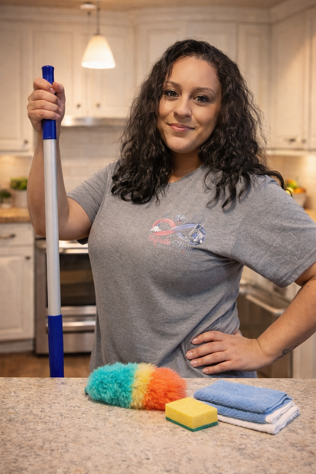 Professional cleaner with mop and broom in bright home