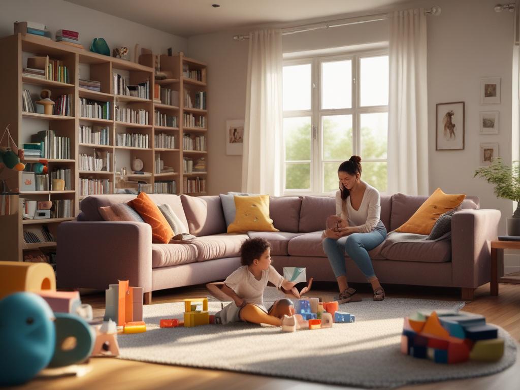 A warm and inviting living room scene featuring a parent