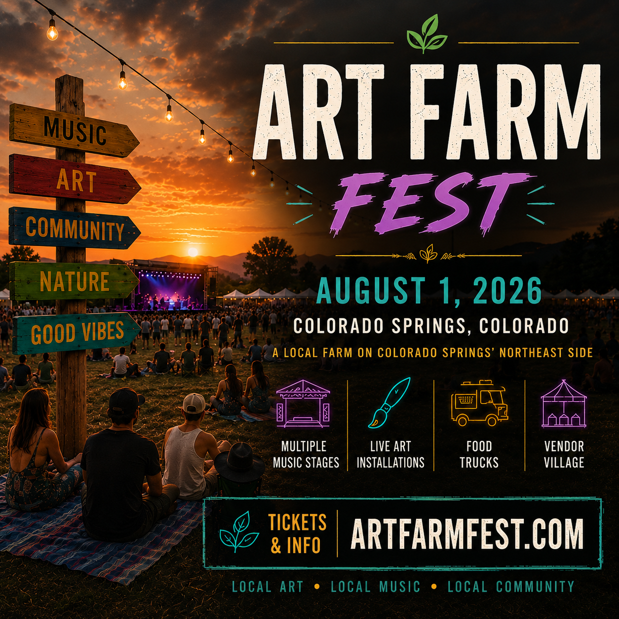 Art Farm Fest - Warm sunset outdoor festival with string lights and community gathering