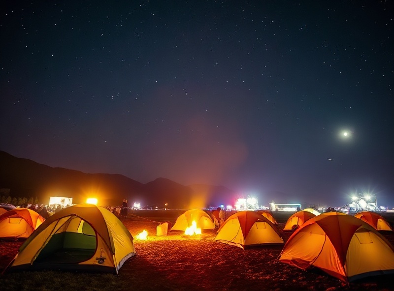 Festival camping scene with glowing tents under starry night sky