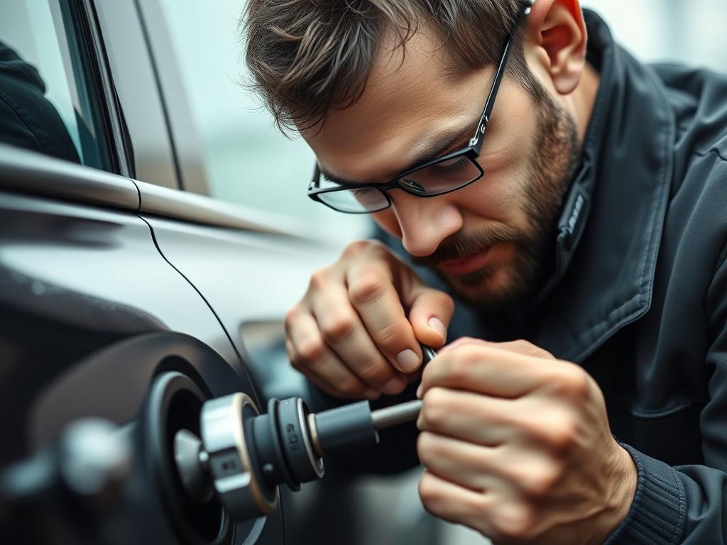 A close up shot of a professional locksmith working on