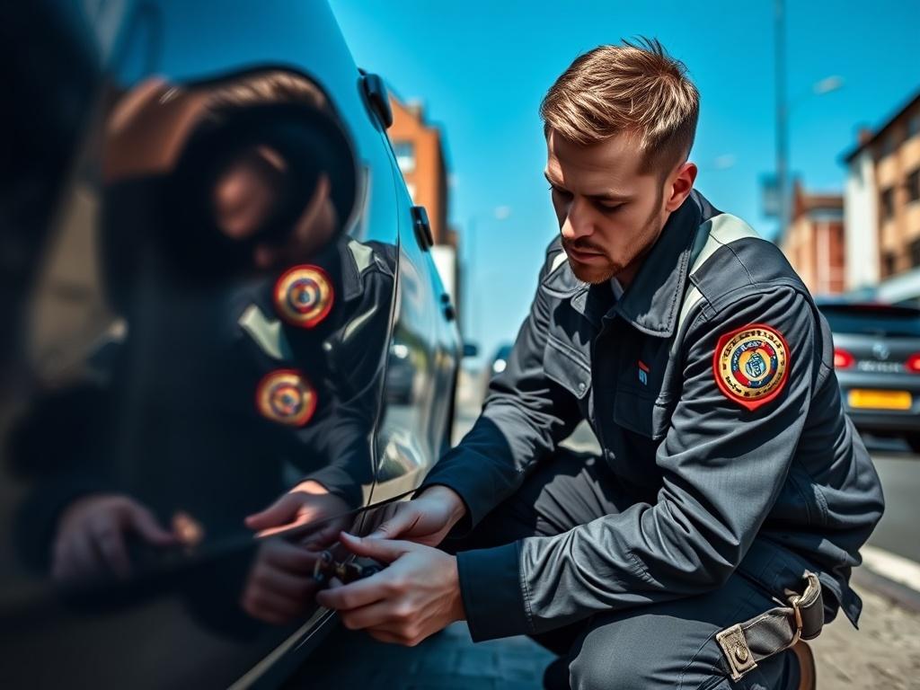 A mobile locksmith technician in uniform, kneeling beside a car