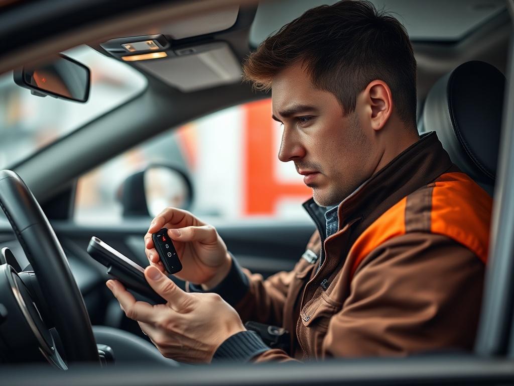 A technician seated in a car, focused on programming a