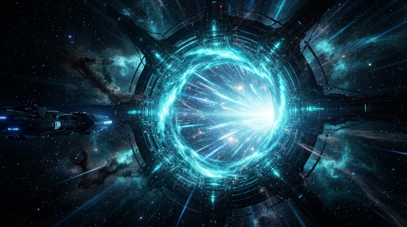 Dark space warp drive portal with cyan glowing energy
