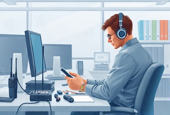 Professional technician repairing radios at workbench