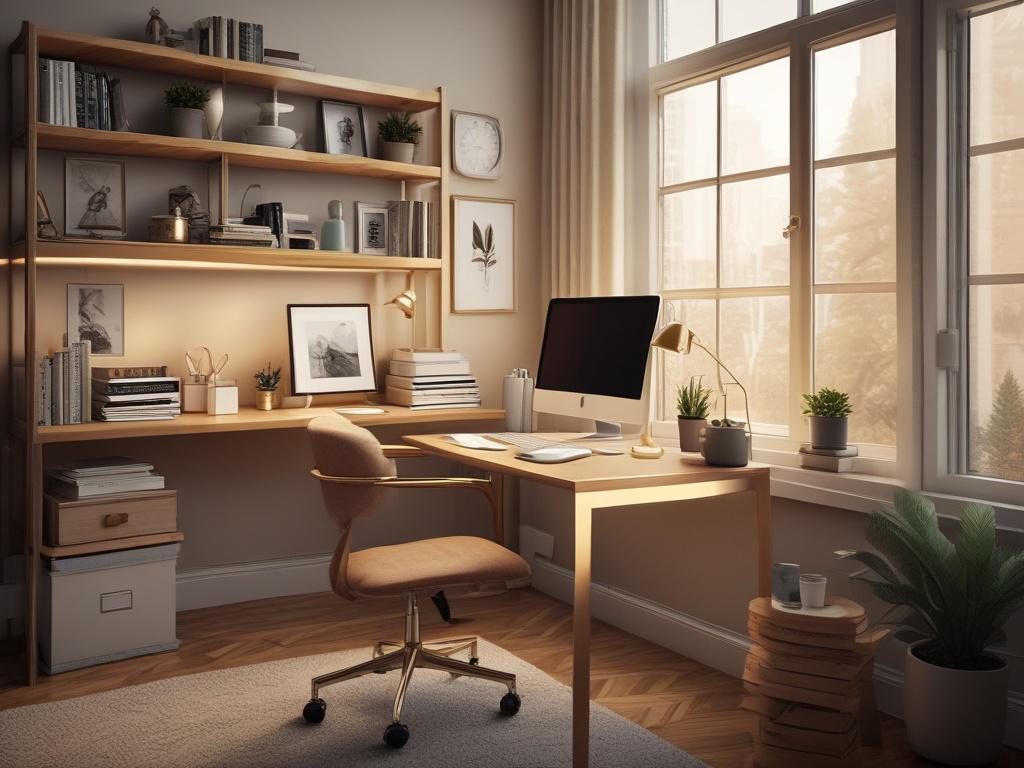 A cozy home office featuring a modern desk with a comfortable ergonomic chair, adorned with stylish decor and personal touches. The background includes a large window allowing natural light to flood the room, with soft golden hues illuminating the space. A potted plant in the corner adds a touch of greenery, while bookshelves filled with neatly organized books create a serene atmosphere. The composition is simple and clear, focusing on the desk and chair as the central subject, inviting a sense of calm and 