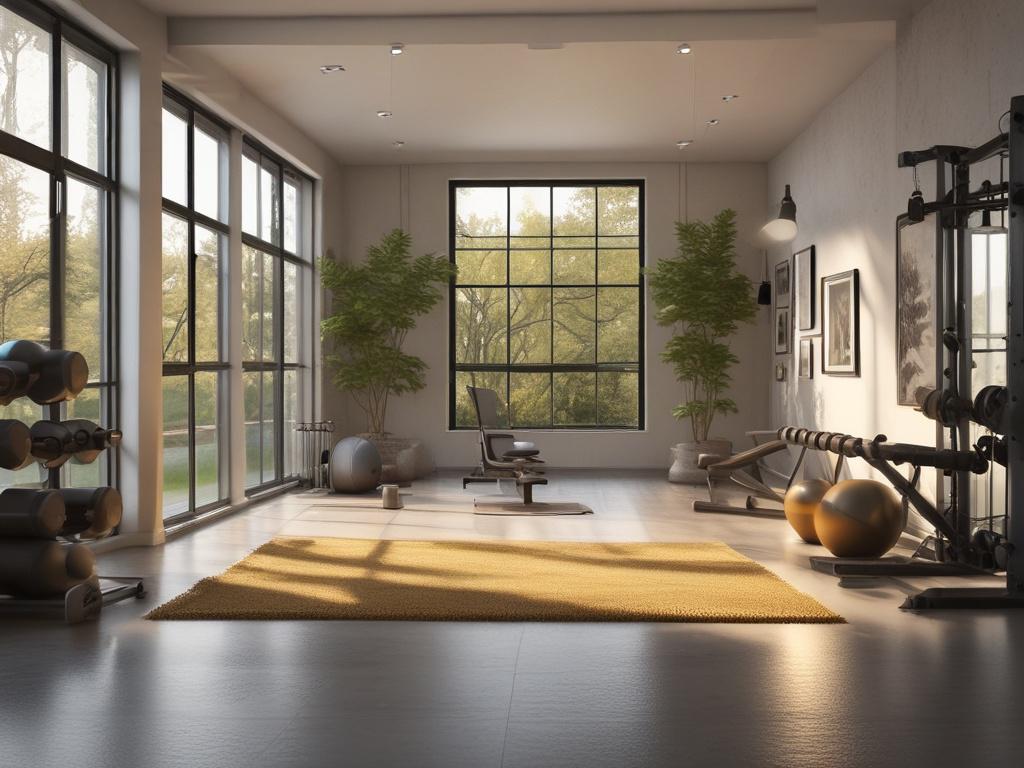 Create a realistic high-resolution photo of a modern home gym. The image should feature a single subject: a sleek and minimalist gym space with a yoga mat, dumbbells, and a stationary bike. The lighting should be soft and warm, creating a cozy atmosphere. The background should show large windows allowing natural light to flood in, with plants adding a touch of serenity. The overall color palette should harmonize with cozy golden hues, emphasizing a peaceful and inviting environment.