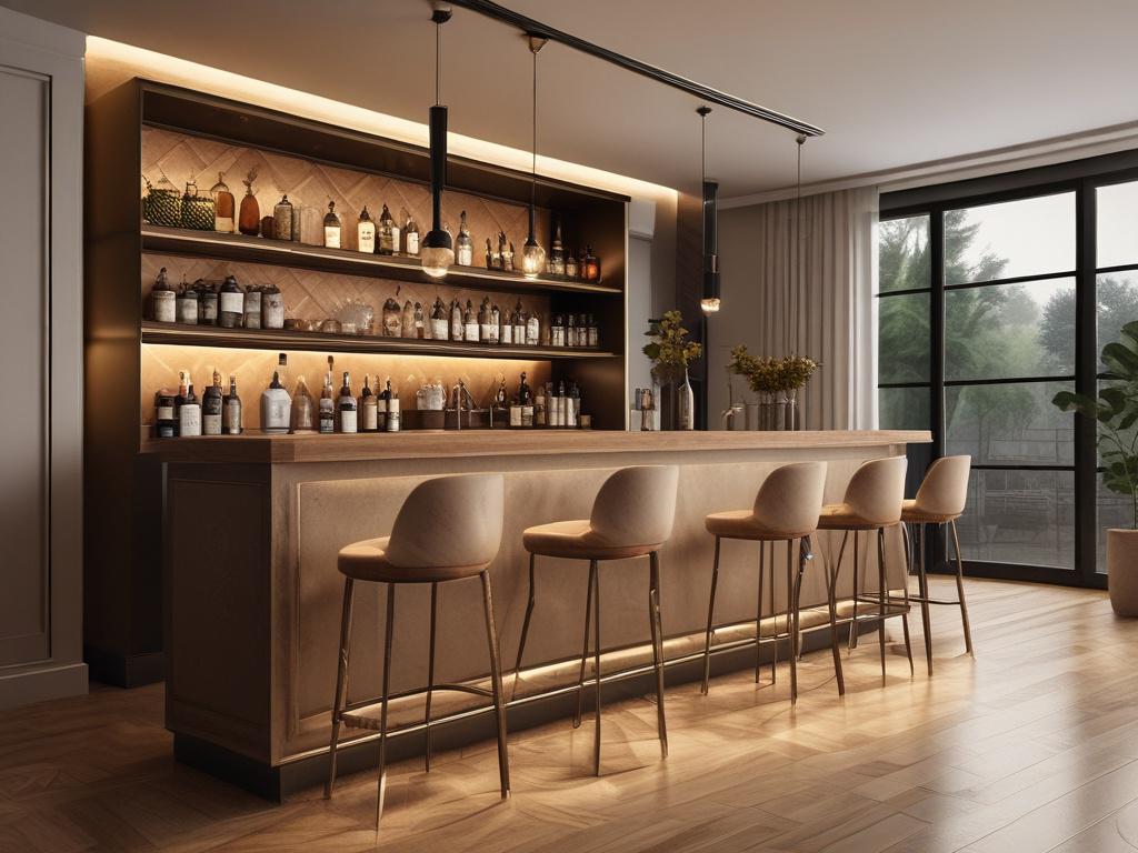 A beautifully designed home bar area showcasing luxury and elegance. The bar features a polished wooden countertop with intricate grain patterns, elegant bar stools with plush upholstery, and ambient lighting that creates a warm and inviting atmosphere. The background includes shelves stocked with premium spirits and glassware, arranged artfully. The overall color palette includes cozy golden hues, soft lighting, and a serene atmosphere, enhancing the luxurious feel of the space.