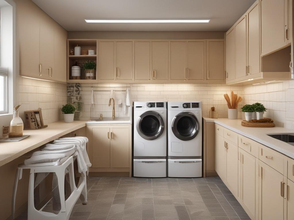 Create a realistic high-resolution photo of a modern laundry room renovation. The image should showcase a spacious layout with sleek cabinetry in soft golden hues, a stylish washing machine and dryer, and a cozy atmosphere with soft lighting. The room should feature a built-in folding area and decorative elements like plants or art, conveying a serene and inviting environment. Ensure the color palette aligns with rgb(50, 170, 39), creating a warm and welcoming feel.