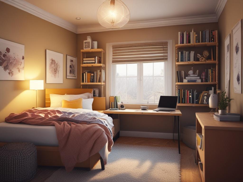 Create a realistic high-resolution photo of a beautifully designed teenager's bedroom. The room should feature a cozy bed with colorful bedding, a stylish desk with a laptop, and shelves filled with books and decorative items. Soft golden hues should illuminate the room, highlighting a serene atmosphere with gentle lighting. The walls can be painted in a warm, inviting color, and the floor should have a plush rug. Ensure the composition is simple and clear, focusing solely on the bedroom layout.