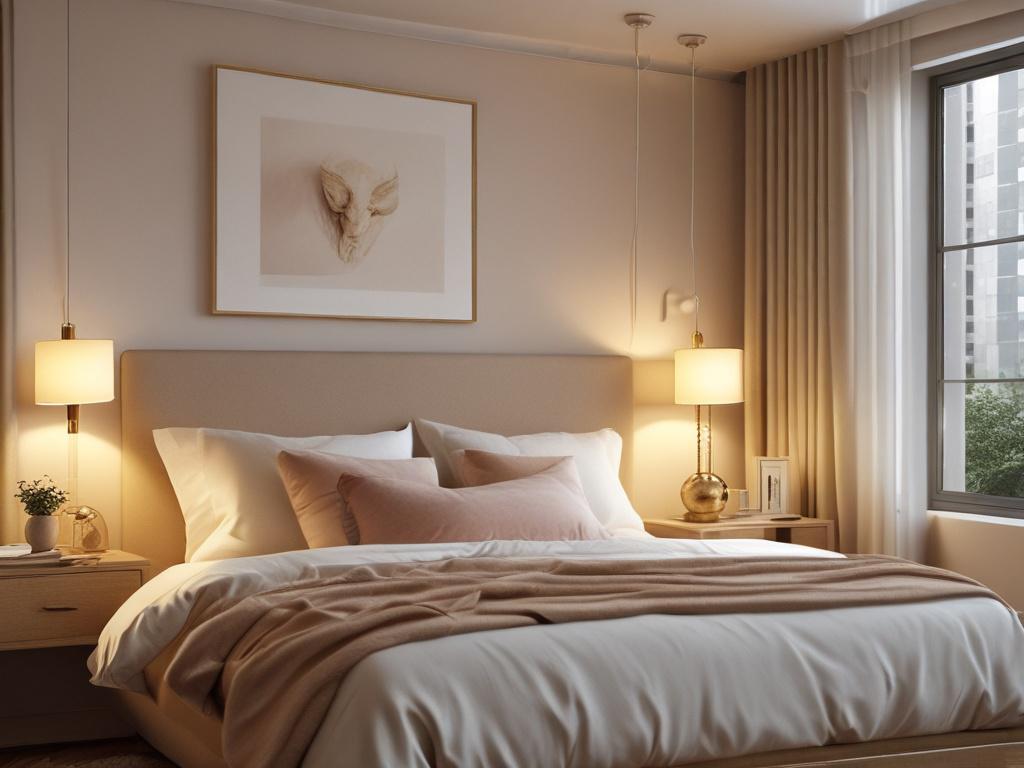 A beautifully designed bedroom featuring a large, plush bed with soft, inviting bedding. The room is softly illuminated with warm golden hues from lamps on bedside tables, creating a cozy and serene atmosphere. A large window allows natural light to filter in, enhancing the tranquil vibe. The walls are painted in calming tones, and tasteful decor complements the overall aesthetic. The composition is simple and clear, with the bed as the central subject, surrounded by cozy elements like a soft rug and elegan
