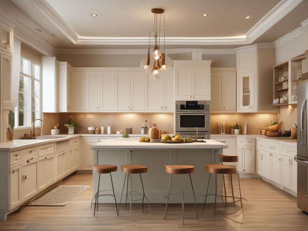 A cozy, well lit kitchen featuring modern cabinetry, a warm