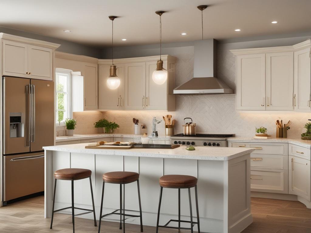 A beautifully renovated kitchen featuring modern cabinetry, an island with