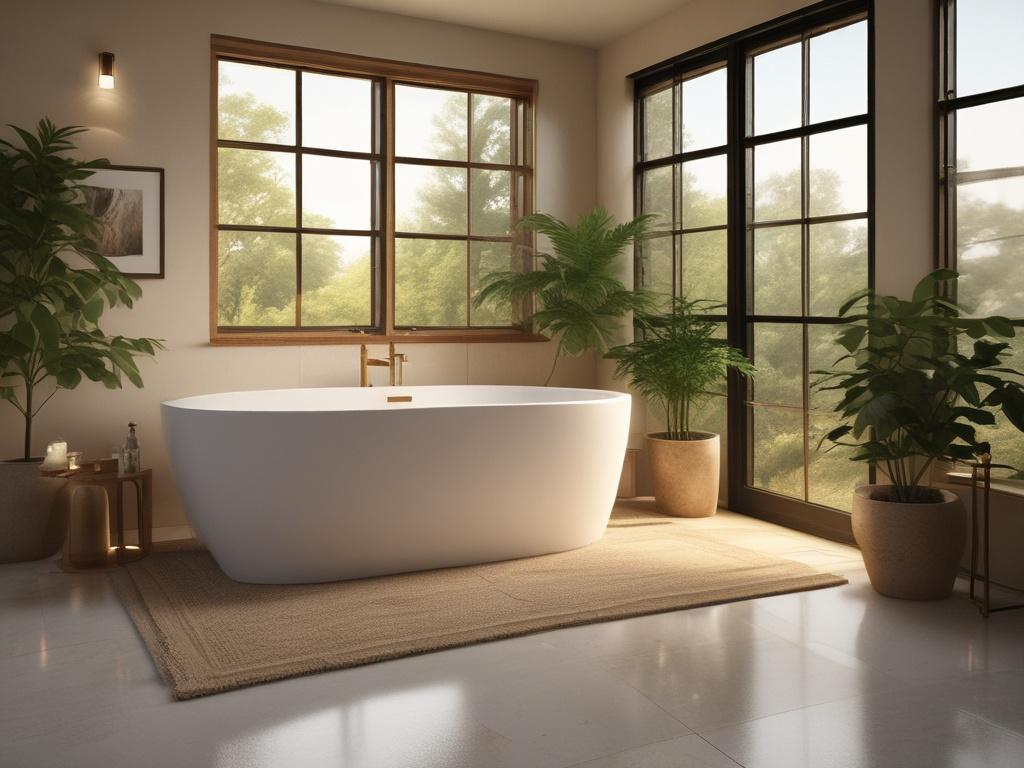A luxurious bathroom featuring a freestanding soaking tub, elegant fixtures,