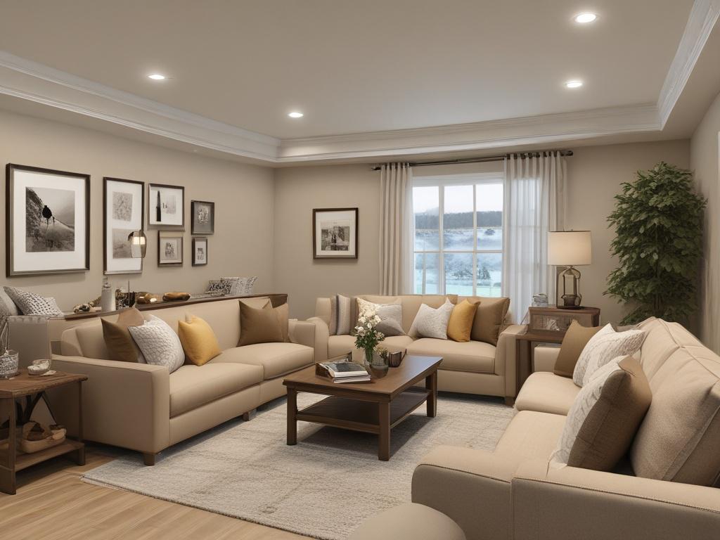 A finished basement designed as a cozy family room, featuring